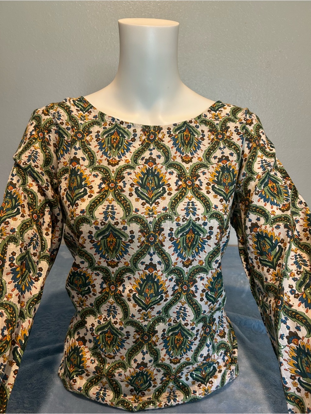 Talbots Floral Lattice Metallic Accent Boho Blouse Top Green Gold. Size Medium